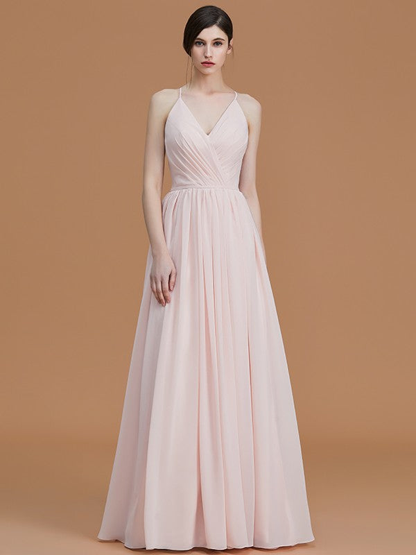 A-Line/Princess Spaghetti Straps Sleeveless Floor-Length Ruched Chiffon Bridesmaid Dresses