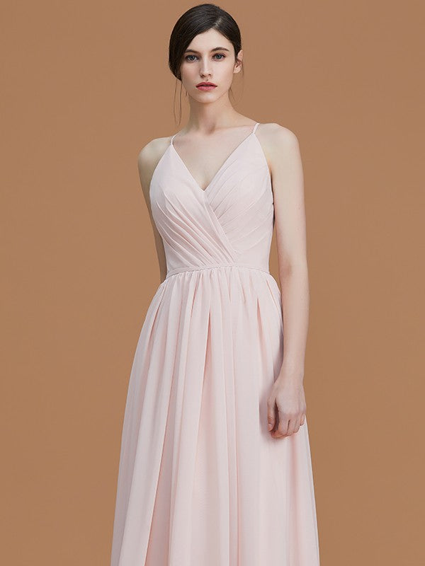 A-Line/Princess Spaghetti Straps Sleeveless Floor-Length Ruched Chiffon Bridesmaid Dresses