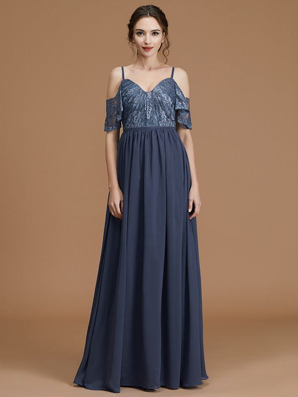 A-Line/Princess Spaghetti Straps Sleeveless Floor-Length Lace Chiffon Bridesmaid Dresses