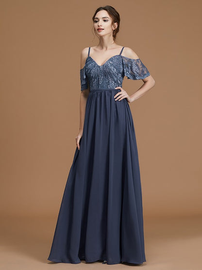 A-Line/Princess Spaghetti Straps Sleeveless Floor-Length Lace Chiffon Bridesmaid Dresses