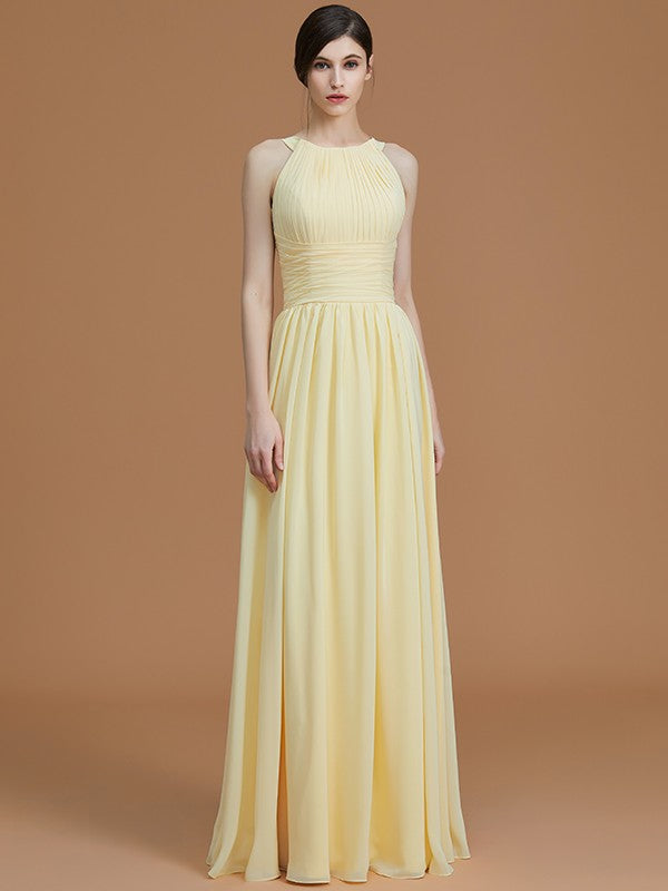 A-Line/Princess Halter Sleeveless Floor-Length Ruched Chiffon Bridesmaid Dresses