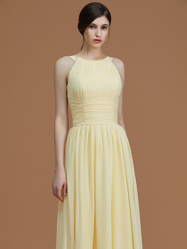 A-Line/Princess Halter Sleeveless Floor-Length Ruched Chiffon Bridesmaid Dresses