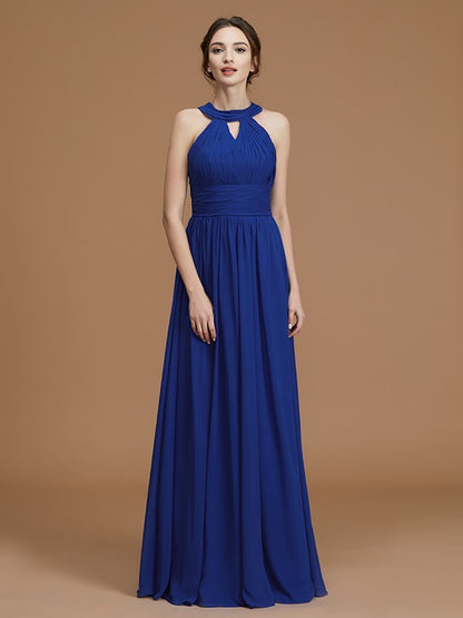 A-Line/Princess Halter Sleeveless Floor-Length Ruched Chiffon Bridesmaid Dresses