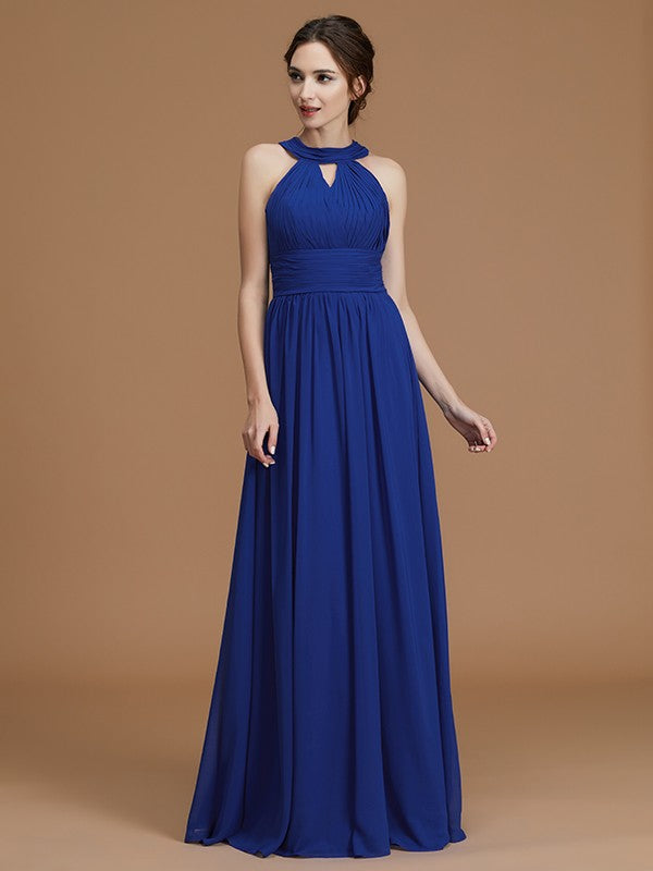 A-Line/Princess Halter Sleeveless Floor-Length Ruched Chiffon Bridesmaid Dresses