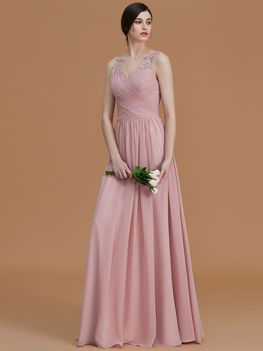 A-Line/Princess V-neck Sleeveless Floor-Length Beading Chiffon Bridesmaid Dresses