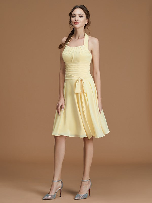 A-Line/Princess Halter Sleeveless Short/Mini Ruffles Chiffon Bridesmaid Dresses