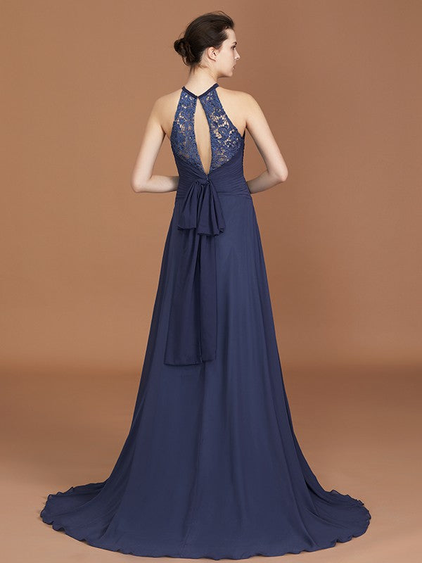 A-Line/Princess Scoop Sleeveless Sweep Train Chiffon Lace Bridesmaid Dress