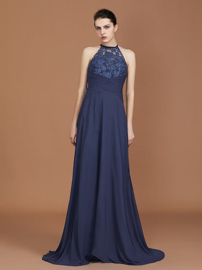 A-Line/Princess Scoop Sleeveless Sweep Train Chiffon Lace Bridesmaid Dress