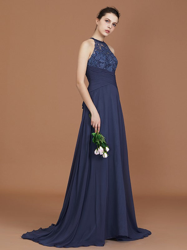 A-Line/Princess Scoop Sleeveless Sweep Train Chiffon Lace Bridesmaid Dress