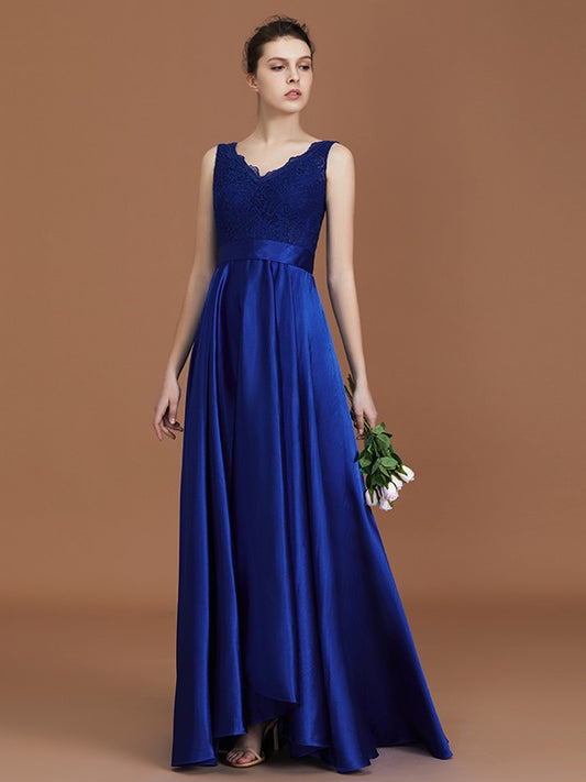 A-Line/Princess V-neck Sleeveless Satin Asymmetrical Lace Bridesmaid Dress