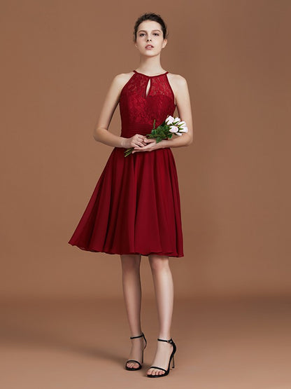 A-Line/Princess halter Sleeveless Knee-Length Chiffon Lace Bridesmaid Dress