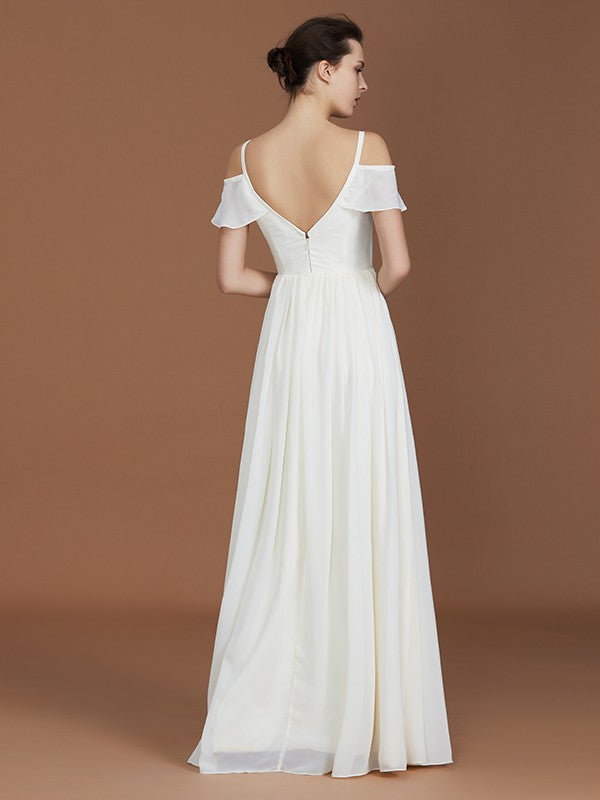 A-Line/Princess Short Sleeves Spaghetti Straps Ruched V-neck Floor-Length Chiffon Bridesmaid Dresses