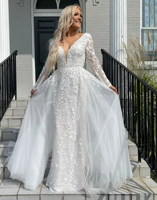 Mermaid Sexy V Neck Backless Tulle Wedding Dress