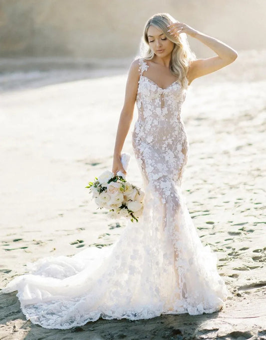 Mermaid V Neck Tulle Wedding Dress