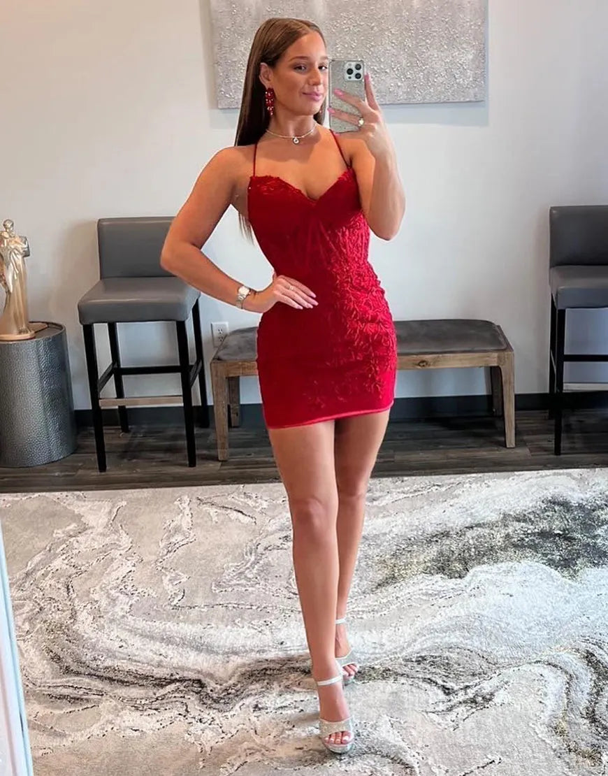 Sexy V Neck Spaghetti Straps Lace Homecoming Dress With Applique