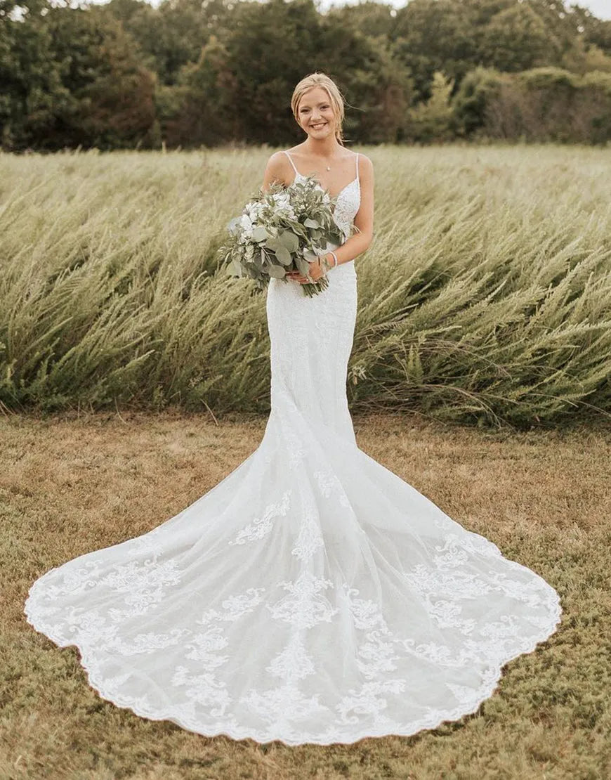 Mermaid White Spaghetti Straps Sweetheart Wedding Dress