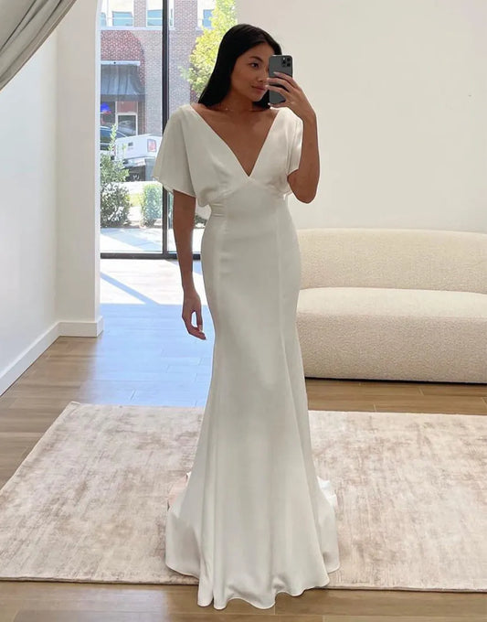 Mermaid White V Neck Chiffon Wedding Dress