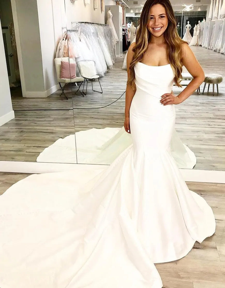 White Chiffon Long Train Strapless Wedding Dress