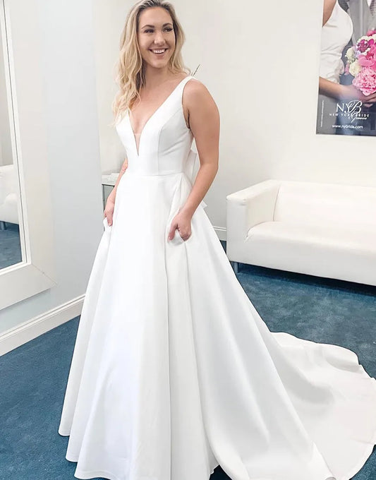 Sexy V Neck White Chiffon Long Wedding Dress