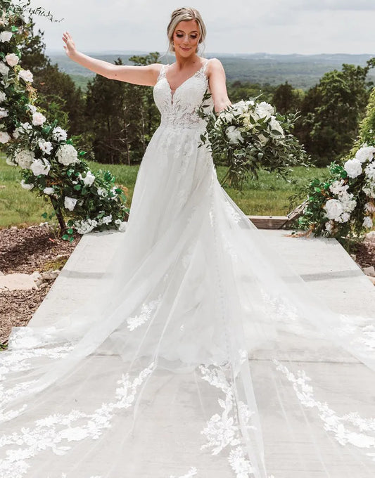 Sexy V Neck Backless Long Wedding Dress