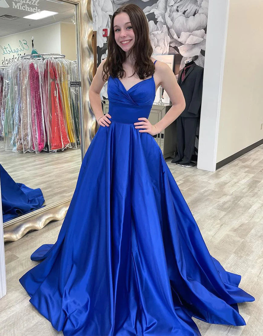 A-Line Satin Royal Blue Spaghetti Straps Long Prom Dress