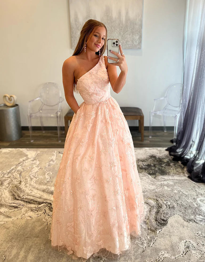 Sexy Pink One-Shoulder Tulle Prom Dress