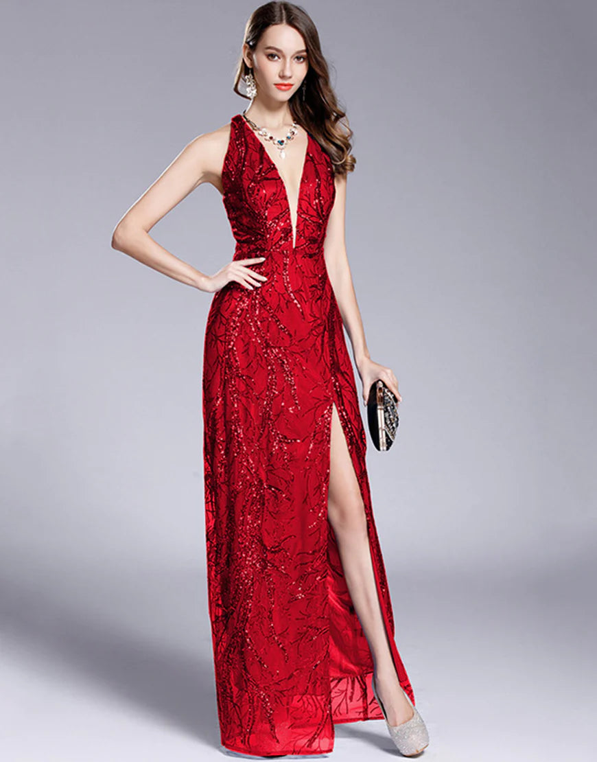 Sheath Long V-Neck Sequins Prom Dress with Split