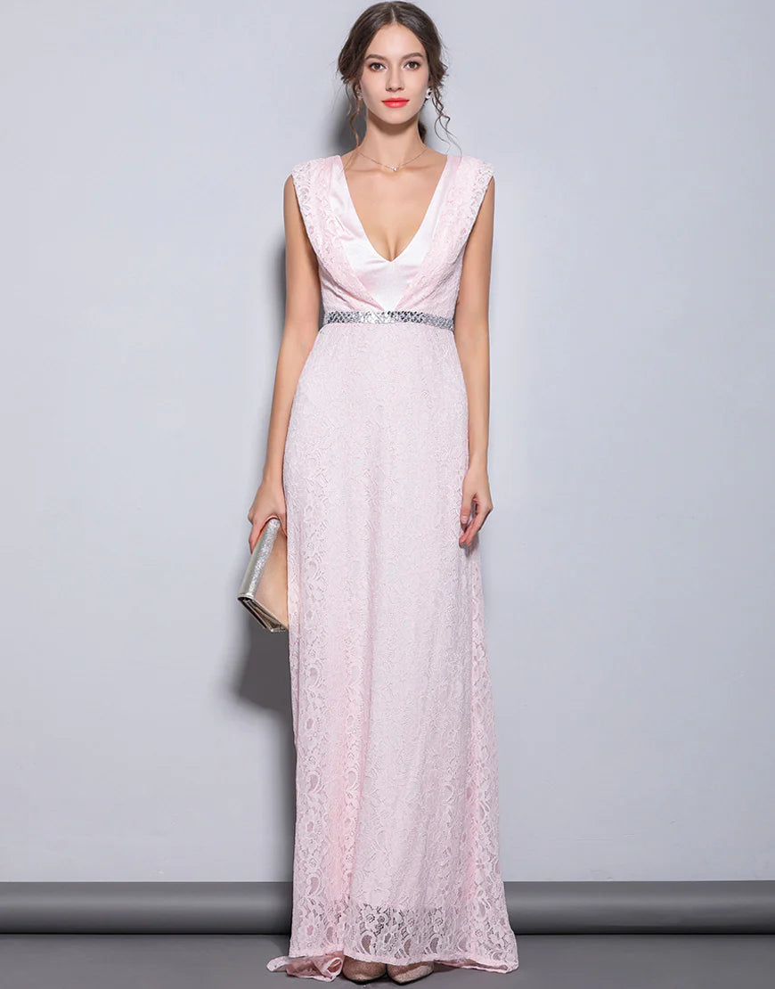 Sheath V-Neck Pink Long Prom Dress with Lace