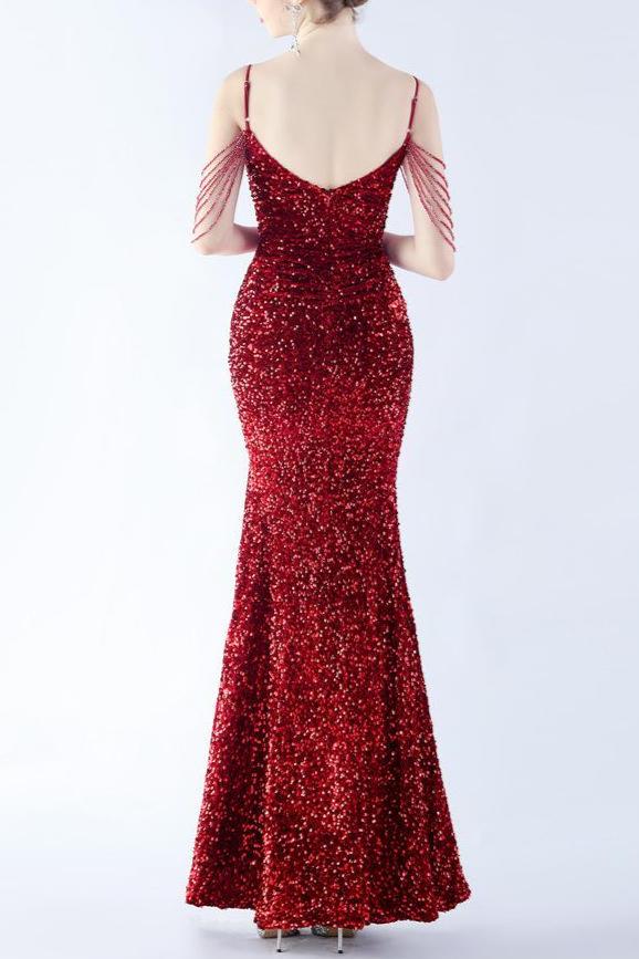 Sequins Mermaid Evening Dress Prom Dresses Long V-Neck With Slit Dress