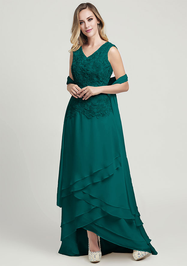 A-line Chiffon Mother of the Bride Dress V Neck Sleeveless Asymmetrical With Lace