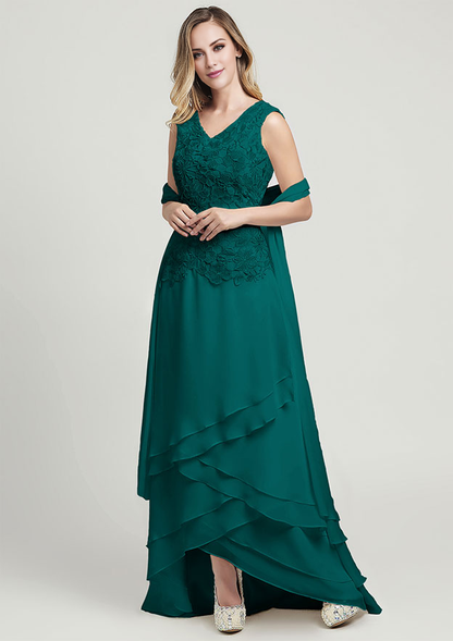 A-line Chiffon Mother of the Bride Dress V Neck Sleeveless Asymmetrical With Lace