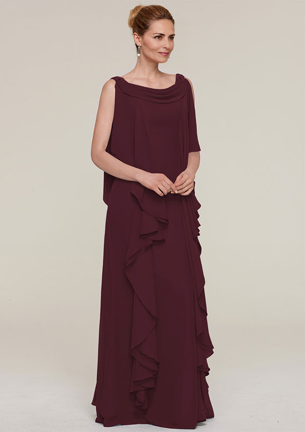 SheathColumn Cowl Neck Sleeveless Floor-Length Chiffon Mother of the Bride Dresses With Beading Ruffles