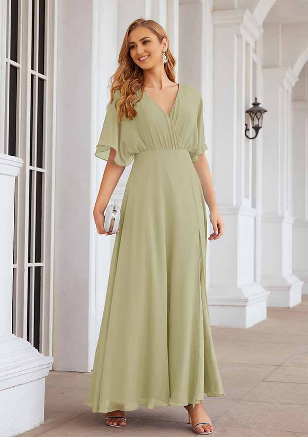 A-line V Neck Chiffon Ankle-Length Mother of the Bride Dress With Pleated Split