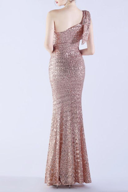 One Shoulder Sequins Evening Dress Slit Long With Feather Glitter Prom Dresses