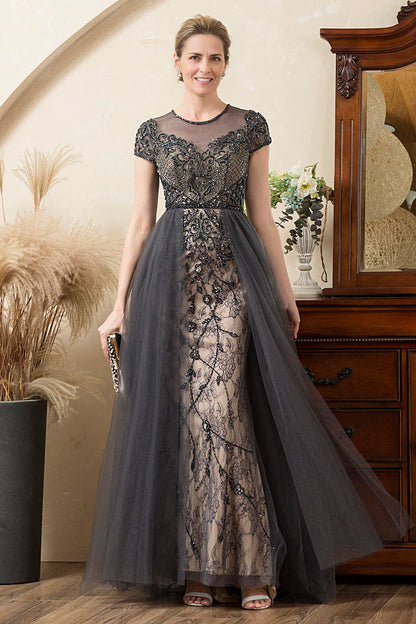 Dark Grey A Line Tulle Beaded Glitter Mother of Bride Dress