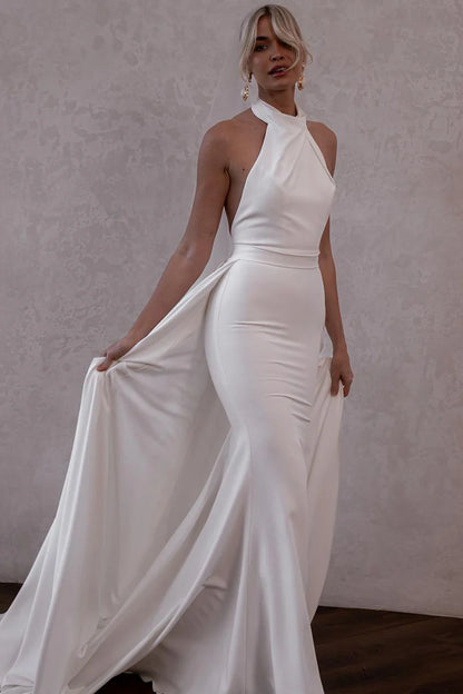 White Satin Halter Backless Wedding Dresses with DetachableTrain