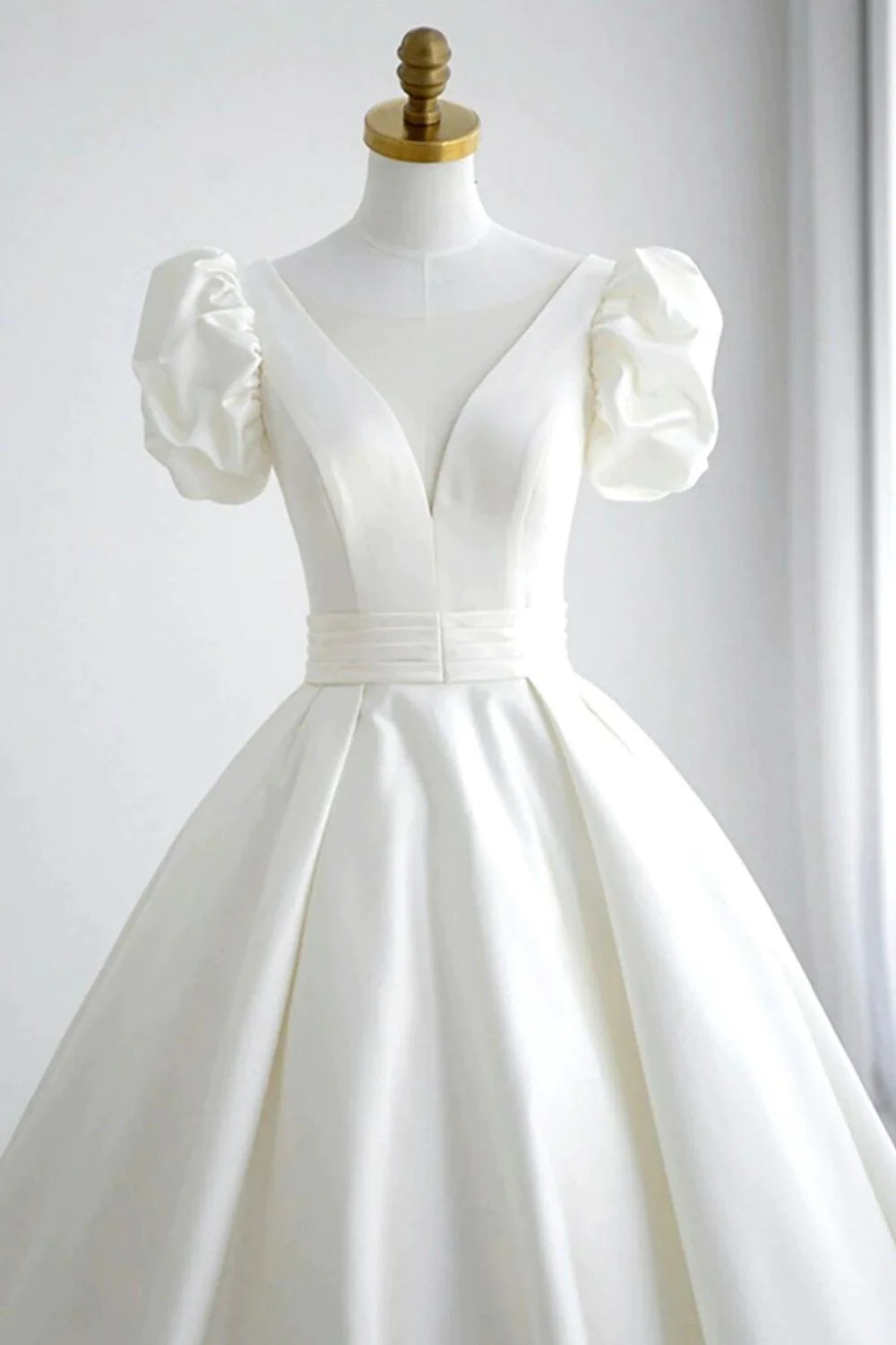 Elegant A Line V Neck White Wedding Dress with Short Sleeves