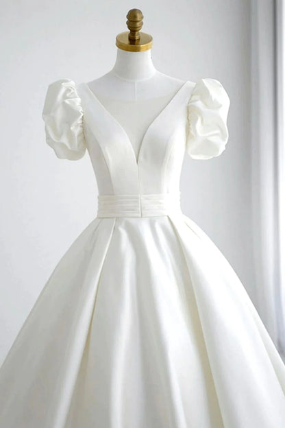 Elegant A Line V Neck White Wedding Dress with Short Sleeves