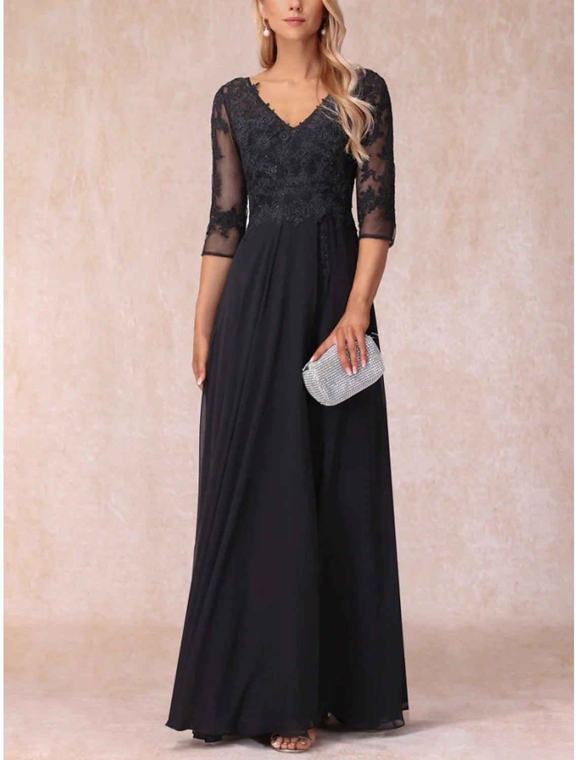 A-Line Mother of the Bride Dress Wedding Guest Elegant V Neck Floor Length Chiffon Lace with Ruching