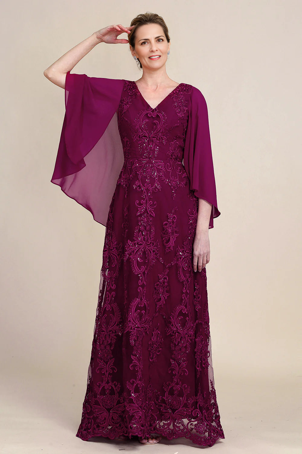 Burgundy Batwing Sleeves Beaded Mother of the Bride Dress