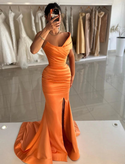 Mermaid / Trumpet Prom Dresses Floor Length Sleeveless Off Shoulder Satin with Ruched Slit