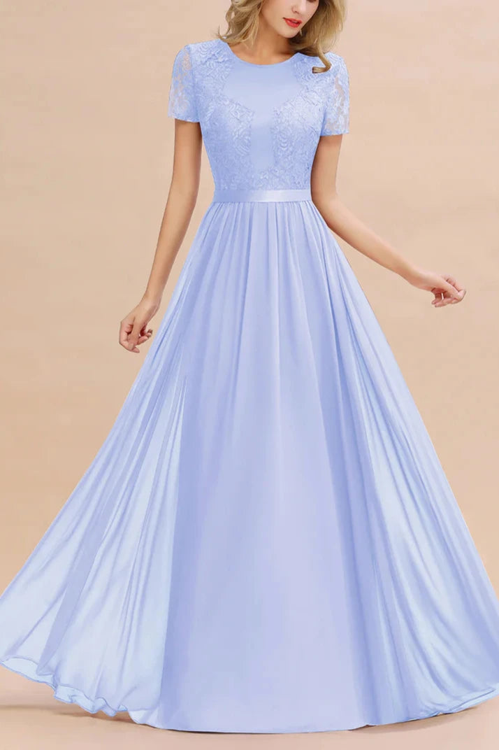 A-line Short Sleeves Jewel Chiffon Floor-Length Dress Bridesmaid Dresses