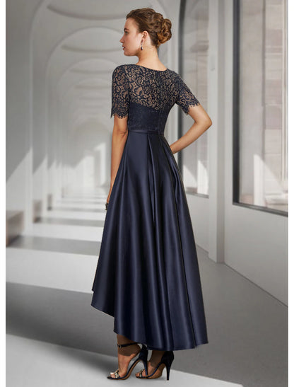 A-Line Elegant High Low Scoop Neck Asymmetrical Tea Length Satin Lace Mother of the Bride Dress Wedding Guest Dress