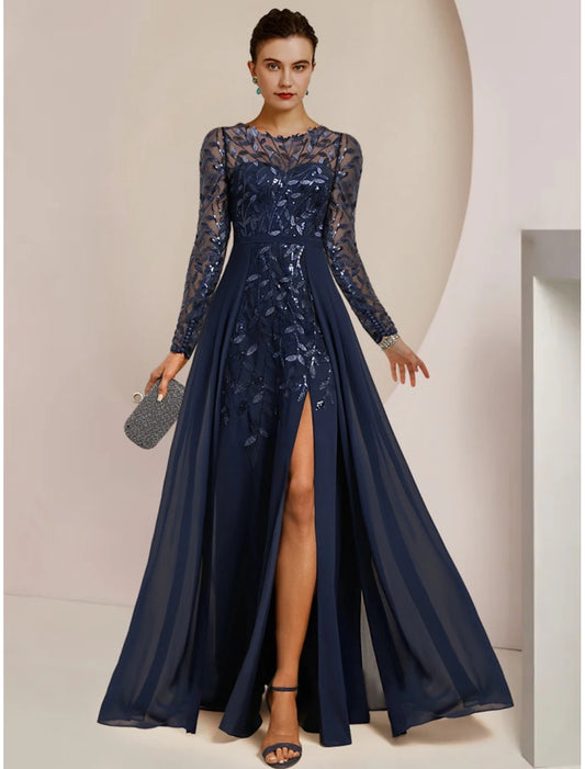 A-Line Mother of the Bride Dress Wedding Guest Floor Length Chiffon Lace Sequined with Split Front Ruching Solid Color