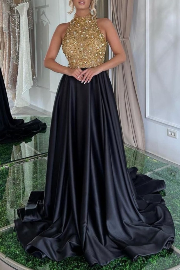 Black Gold High Neck Evening Dresses A-Line Sleeveless With Gold Sequins