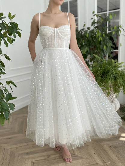 White Sweetheart Neck Tulle Tea Length Prom Dress Cocktail Dresses Homecoming Dress