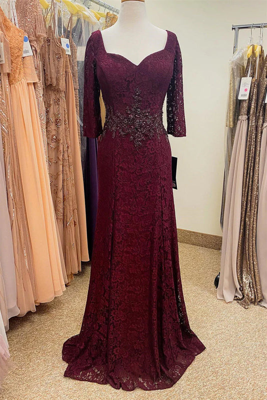 Burgundy Beaded Waist Long Lace Mother of Bride Dress