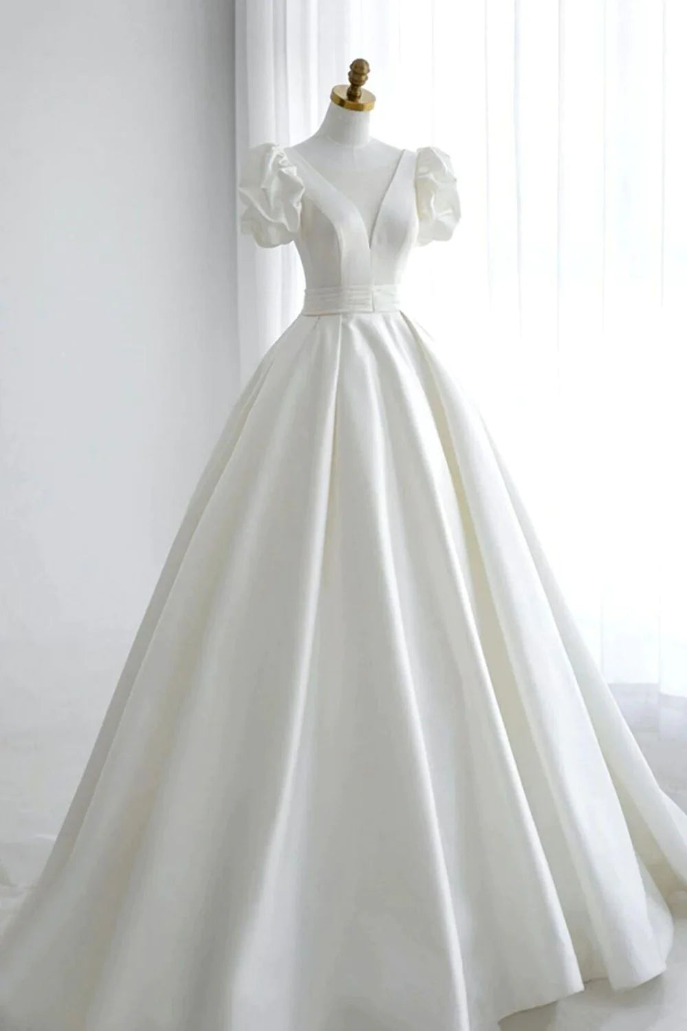 Elegant A Line V Neck White Wedding Dress with Short Sleeves