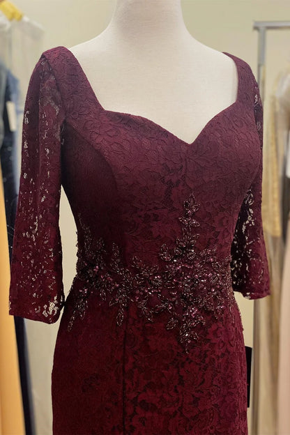 Burgundy Beaded Waist Long Lace Mother of Bride Dress