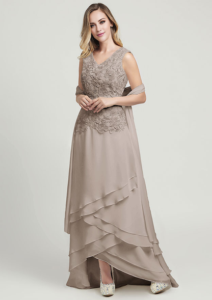 A-line Chiffon Mother of the Bride Dress V Neck Sleeveless Asymmetrical With Lace